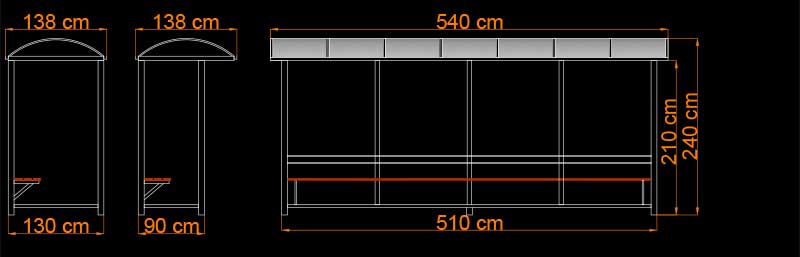 szkic wymiarowy wiaty przystankowej czteropanelowej zofia
